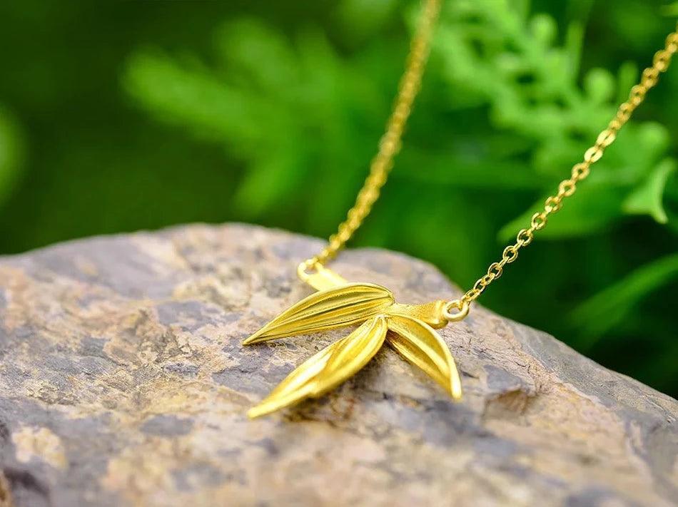 925 Sterling Silver Bamboo Leaves Pendant Necklace Charm - LFJF0081 Jewelry - Touchy Style .
