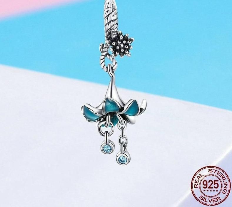 925 Sterling Silver Blue Enamel Flower Pendant Charm Jewelry Without Chain - Touchy Style .