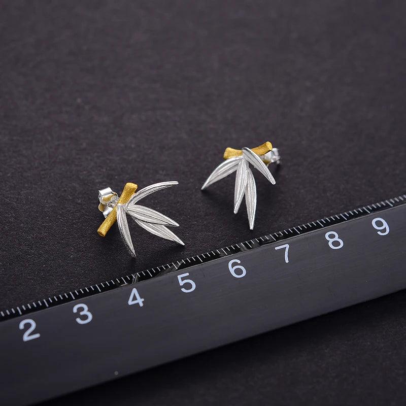 925 Sterling Silver Charm Jewelry: LFJA0114 Bamboo Leaves Earrings - Touchy Style .