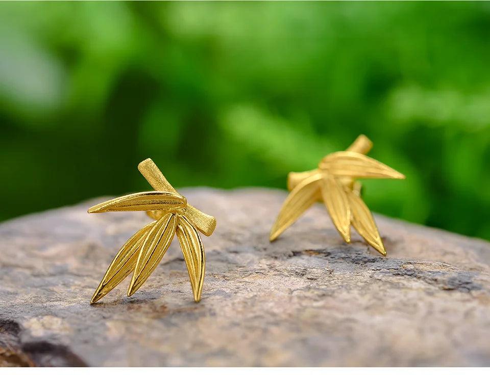 925 Sterling Silver Charm Jewelry: LFJA0114 Bamboo Leaves Earrings - Touchy Style .