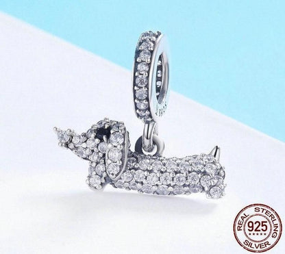 925 Sterling Silver Crystal Dog Dachshund Pendant Charm Jewelry Without Chain - Touchy Style .