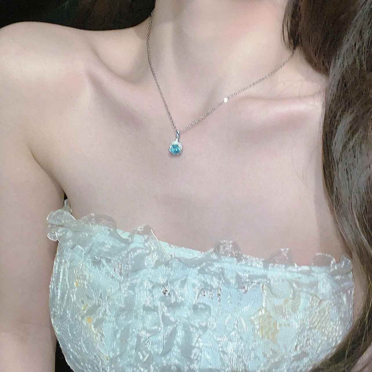925 Sterling Silver Earring and Necklace Charm Jewelry Set - Mint Blue Super Square - Xm384 - Touchy Style