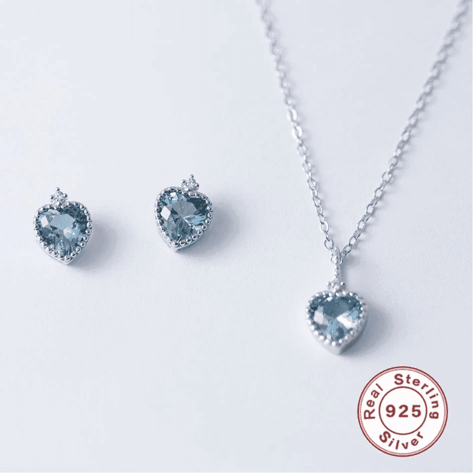 925 Sterling Silver Earrings and Necklaces Charm Jewelry Set - Blue Sapphire Heart - Xm251 - Touchy Style