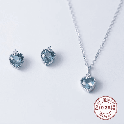 925 Sterling Silver Earrings and Necklaces Charm Jewelry Set - Blue Sapphire Heart - Xm251 - Touchy Style