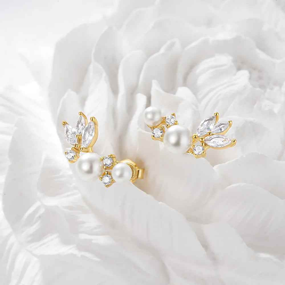 925 Sterling Silver Earrings Charm Jewelry - Pearl Zircon Feather wings - Xm330 - Touchy Style