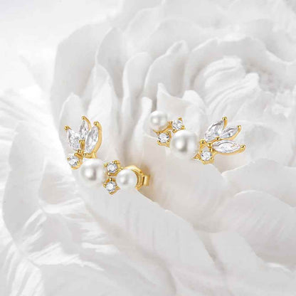 925 Sterling Silver Earrings Charm Jewelry - Pearl Zircon Feather wings - Xm330 - Touchy Style