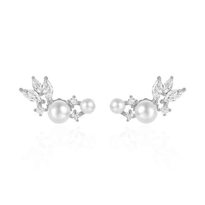 925 Sterling Silver Earrings Charm Jewelry - Pearl Zircon Feather wings - Xm330 - Touchy Style
