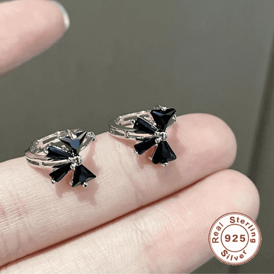 925 Sterling Silver Earrings Charm Jewelry - Sweet Black/White Zircon Bow - Xm320 - Touchy Style