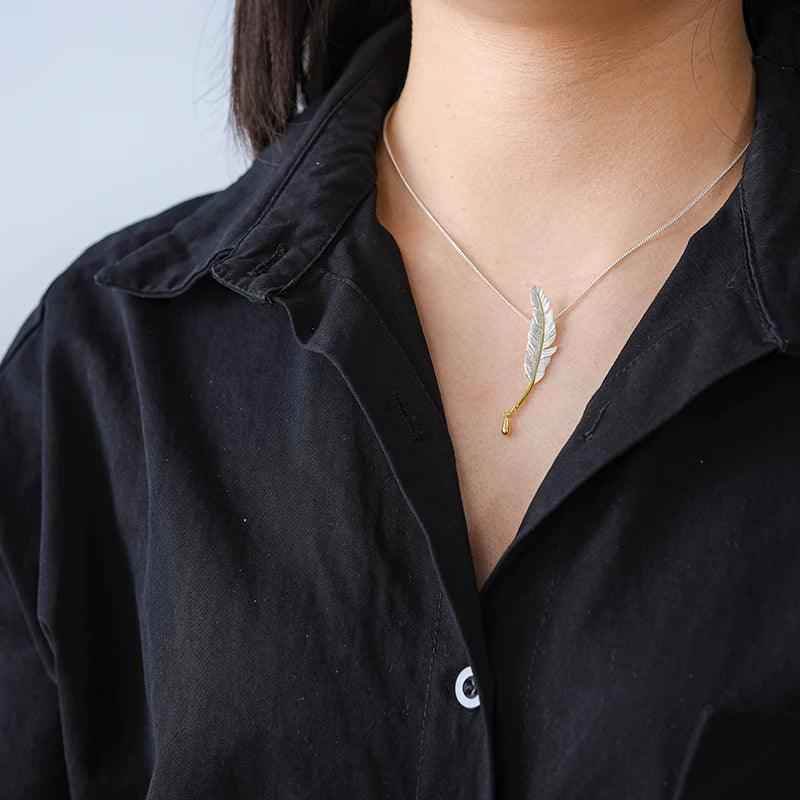 925 Sterling Silver Goose Feather Pendant Necklace - LFJE0211 Charm Jewelry - Touchy Style .