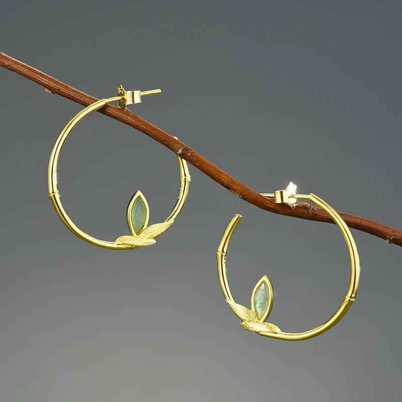925 Sterling Silver Hoop Earring Charm Jewelry with Bamboo Leaves - LFJC0011 - Touchy Style