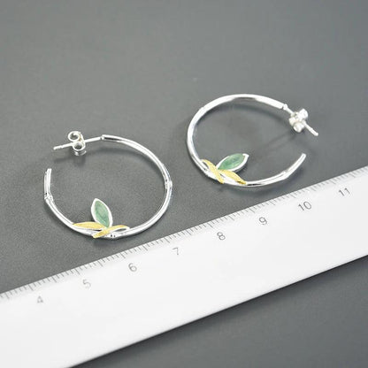 925 Sterling Silver Hoop Earring Charm Jewelry with Bamboo Leaves - LFJC0011 - Touchy Style .