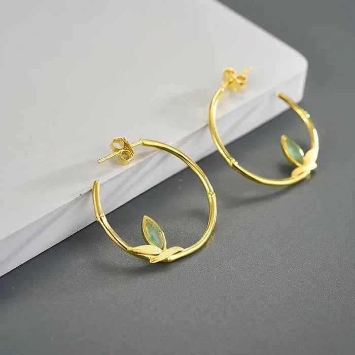 925 Sterling Silver Hoop Earring Charm Jewelry with Bamboo Leaves - LFJC0011 - Touchy Style .