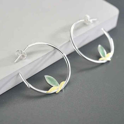 925 Sterling Silver Hoop Earring Charm Jewelry with Bamboo Leaves - LFJC0011 - Touchy Style