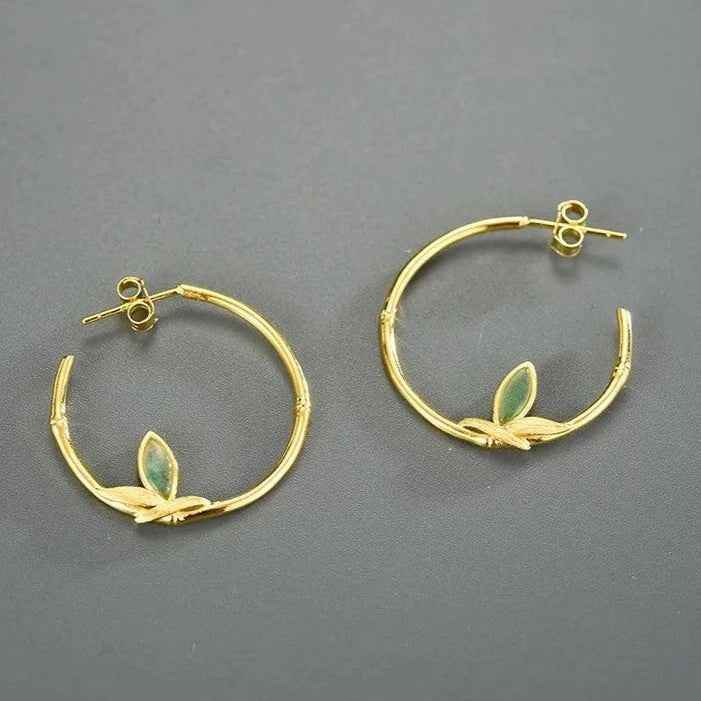 925 Sterling Silver Hoop Earring Charm Jewelry with Bamboo Leaves - LFJC0011 - Touchy Style