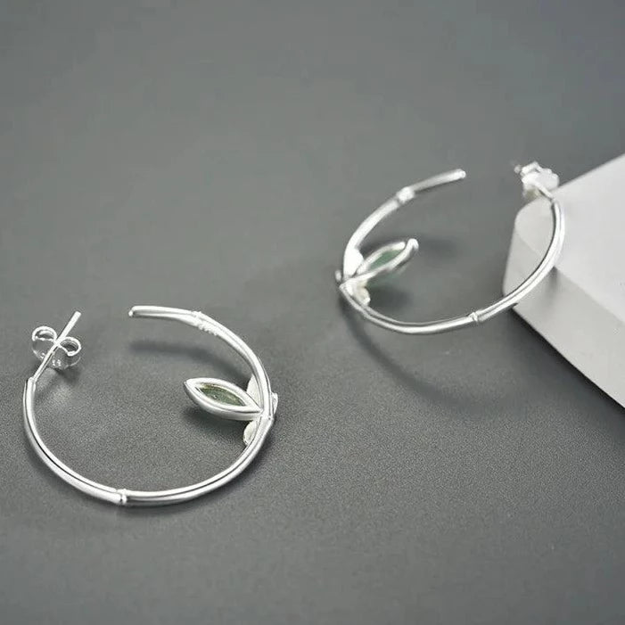925 Sterling Silver Hoop Earring Charm Jewelry with Bamboo Leaves - LFJC0011 - Touchy Style .