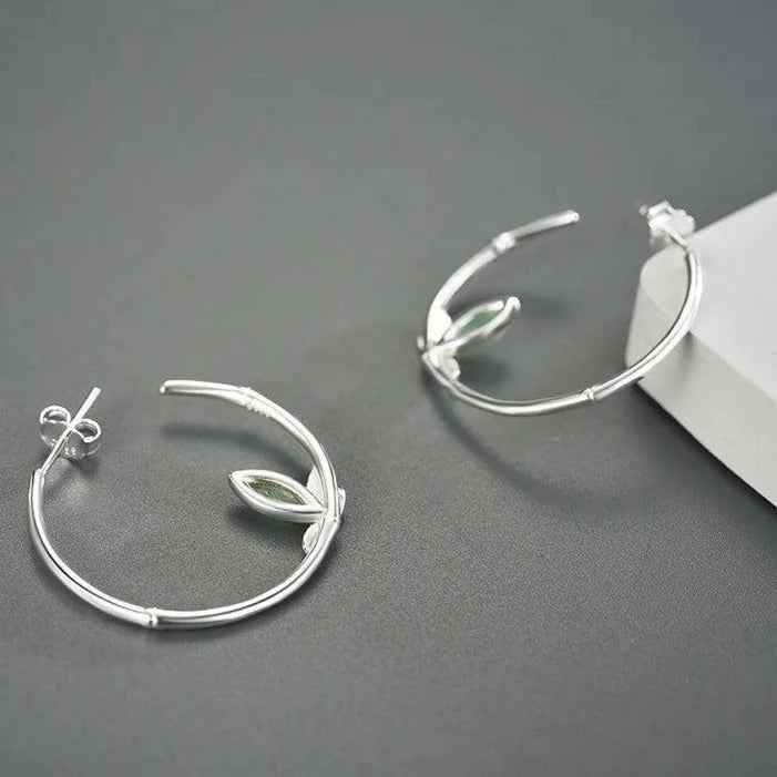 925 Sterling Silver Hoop Earring Charm Jewelry with Bamboo Leaves - LFJC0011 - Touchy Style