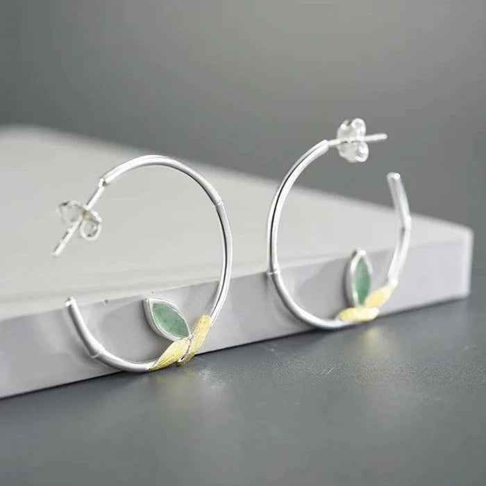 925 Sterling Silver Hoop Earring Charm Jewelry with Bamboo Leaves - LFJC0011 - Touchy Style