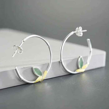 925 Sterling Silver Hoop Earring Charm Jewelry with Bamboo Leaves - LFJC0011 - Touchy Style