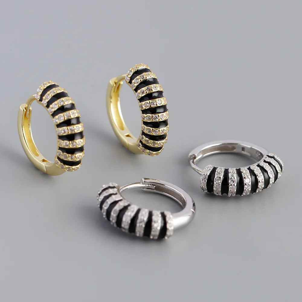 925 Sterling Silver Hoop Earrings Charm Jewelry - Black Enamel inlaid Zircon - MD396 - Touchy Style