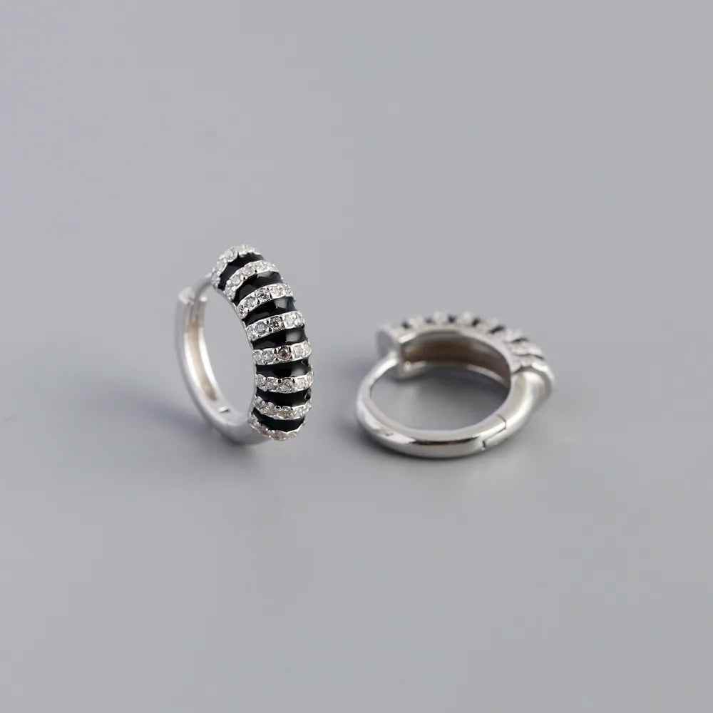 925 Sterling Silver Hoop Earrings Charm Jewelry - Black Enamel inlaid Zircon - MD396 - Touchy Style