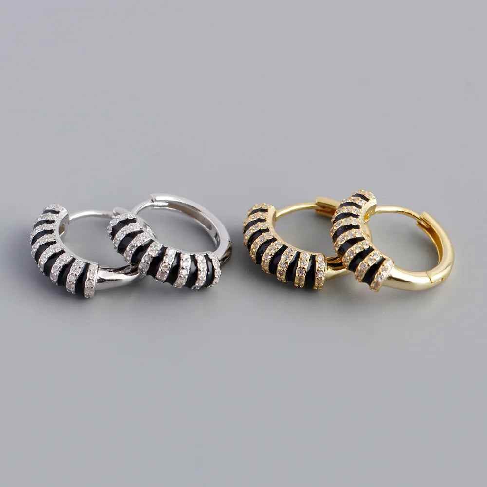 925 Sterling Silver Hoop Earrings Charm Jewelry - Black Enamel inlaid Zircon - MD396 - Touchy Style