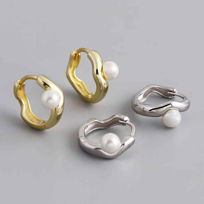 925 Sterling Silver Hoop Earrings Charm Jewelry - Pearl Circle-shaped - MD389 - Touchy Style