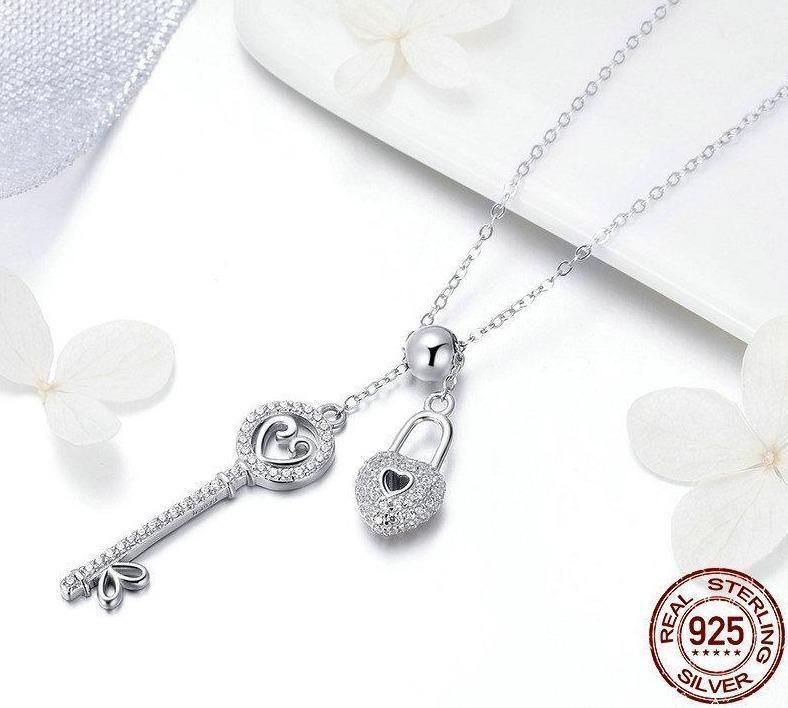 925 Sterling Silver Key of Heart Lock Pendant Necklace Charm Jewelry - Touchy Style .
