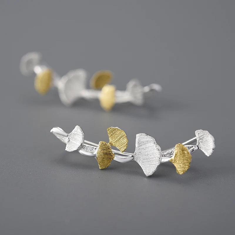 925 Sterling Silver LFJA0137 - Delicate Ginkgo Leaves Stud Earring Charm Jewelry - Touchy Style .