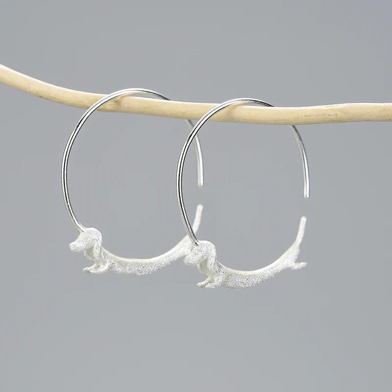 925 Sterling Silver LFJC0012: Hoop Earrings with Flying Dachshund Dog Charm Jewelry - Touchy Style .
