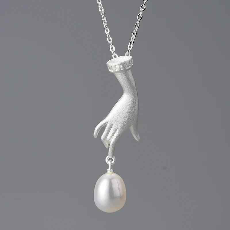 925 Sterling Silver LFJF0094 Pearl Hand Pendant Necklace Charm Jewelry - Touchy Style