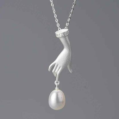 925 Sterling Silver LFJF0094 Pearl Hand Pendant Necklace Charm Jewelry - Touchy Style .