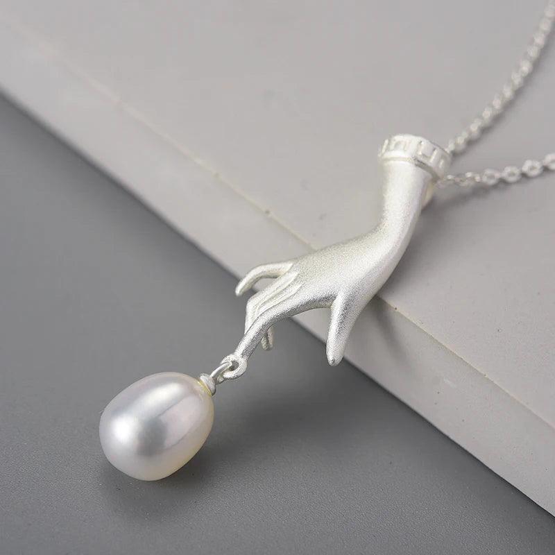 925 Sterling Silver LFJF0094 Pearl Hand Pendant Necklace Charm Jewelry - Touchy Style .