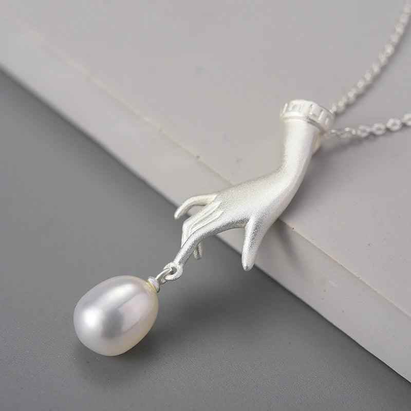925 Sterling Silver LFJF0094 Pearl Hand Pendant Necklace Charm Jewelry - Touchy Style