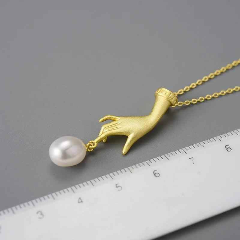 925 Sterling Silver LFJF0094 Pearl Hand Pendant Necklace Charm Jewelry - Touchy Style .