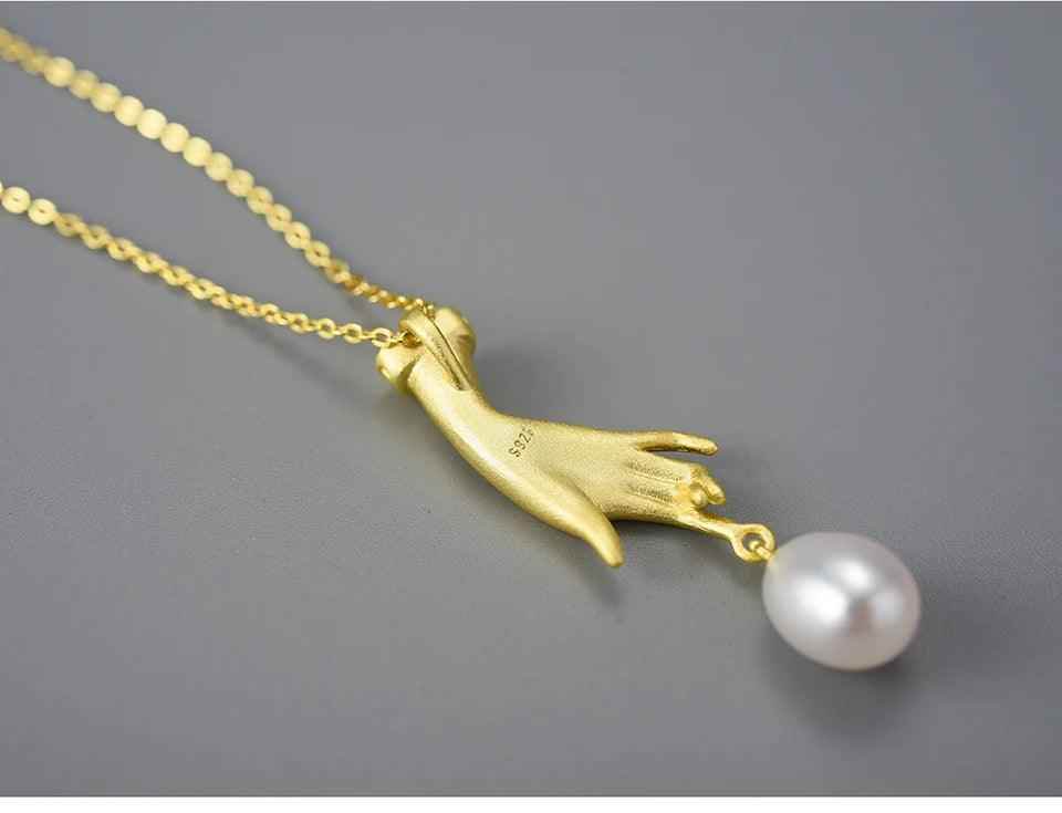 925 Sterling Silver LFJF0094 Pearl Hand Pendant Necklace Charm Jewelry - Touchy Style .