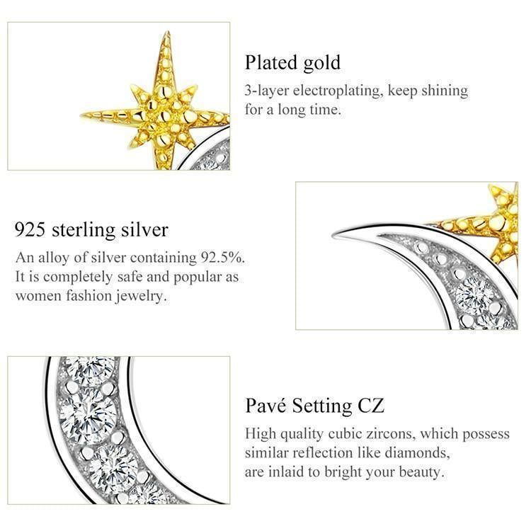 925 Sterling Silver Moon and Stars Stud Earrings Charm Jewelry - Touchy Style .