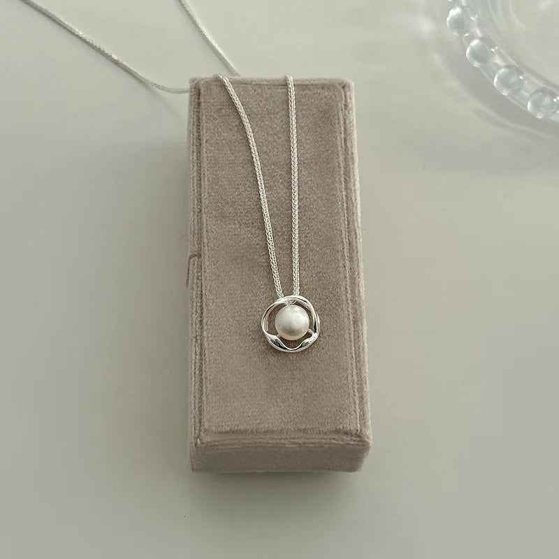 925 Sterling Silver Necklace Charm Jewelry - Irregular Circle, Pearl Pendant - TSJ143 - Touchy Style