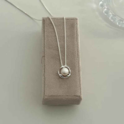 925 Sterling Silver Necklace Charm Jewelry - Irregular Circle, Pearl Pendant - TSJ143 - Touchy Style