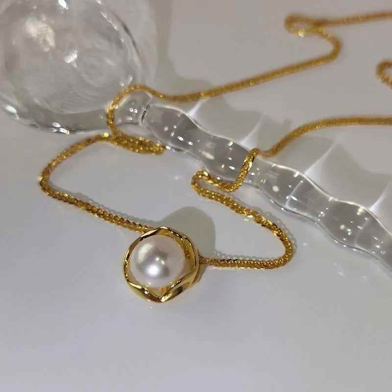 925 Sterling Silver Necklace Charm Jewelry - Irregular Circle, Pearl Pendant - TSJ143 - Touchy Style