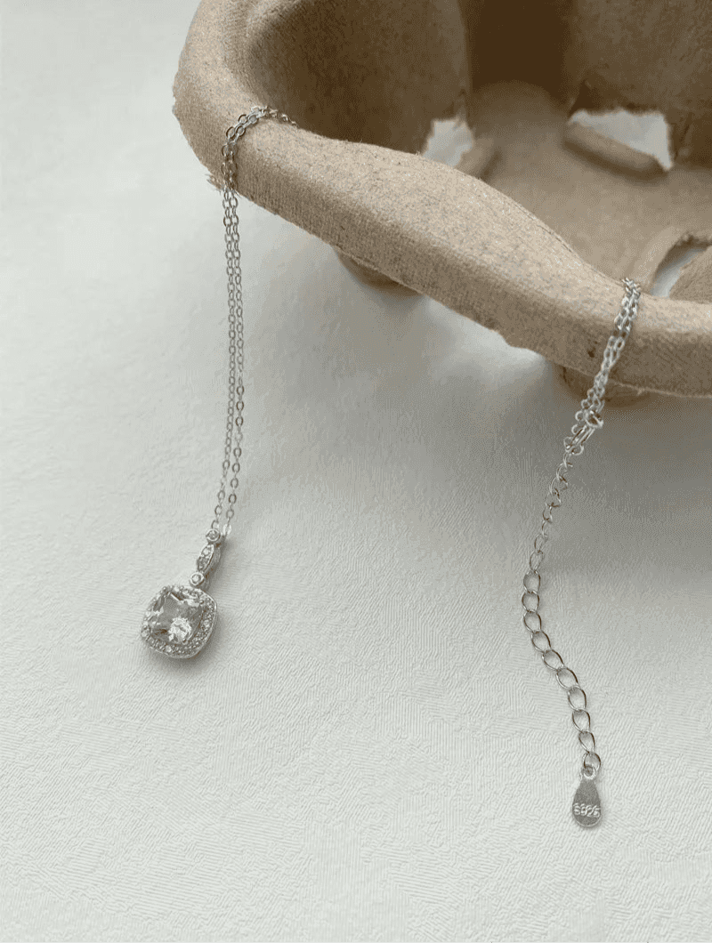 925 Sterling Silver Necklace Charm Jewelry - Mint Mambo Square Zircon - Xm384-N - Touchy Style