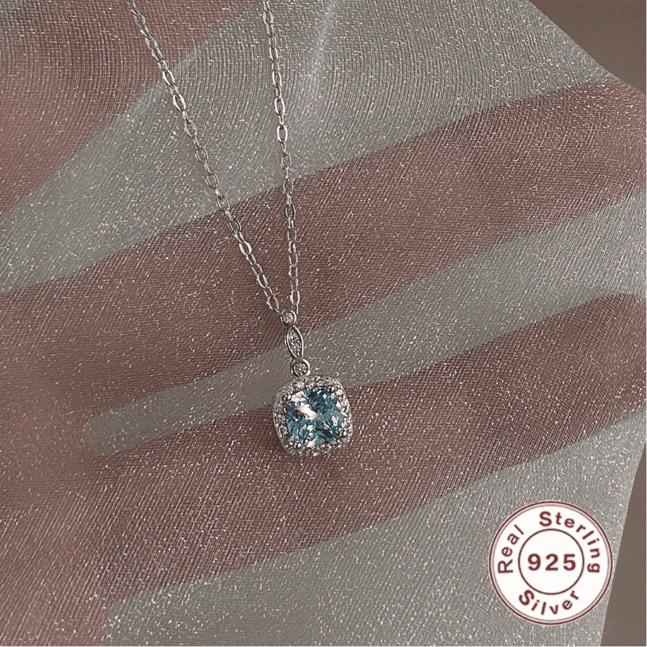 925 Sterling Silver Necklace Charm Jewelry - Mint Mambo Square Zircon - Xm384-N - Touchy Style