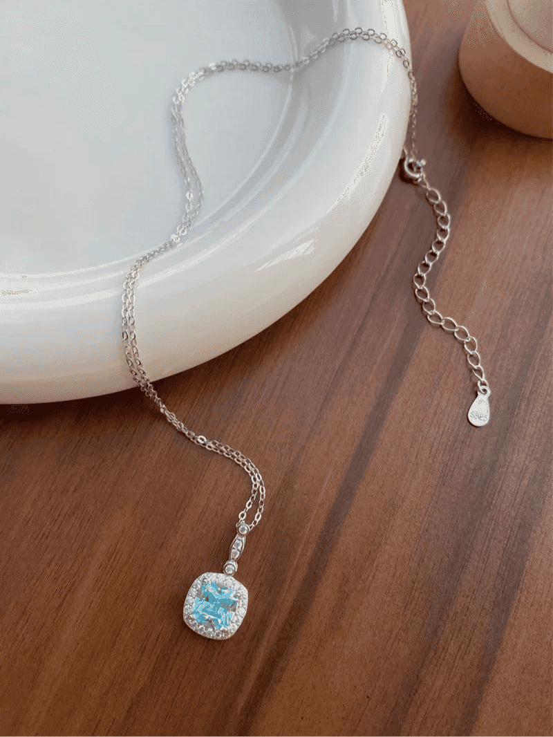 925 Sterling Silver Necklace Charm Jewelry - Mint Mambo Square Zircon - Xm384-N - Touchy Style