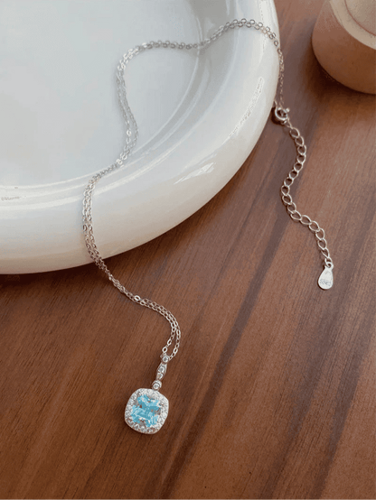 925 Sterling Silver Necklace Charm Jewelry - Mint Mambo Square Zircon - Xm384-N - Touchy Style