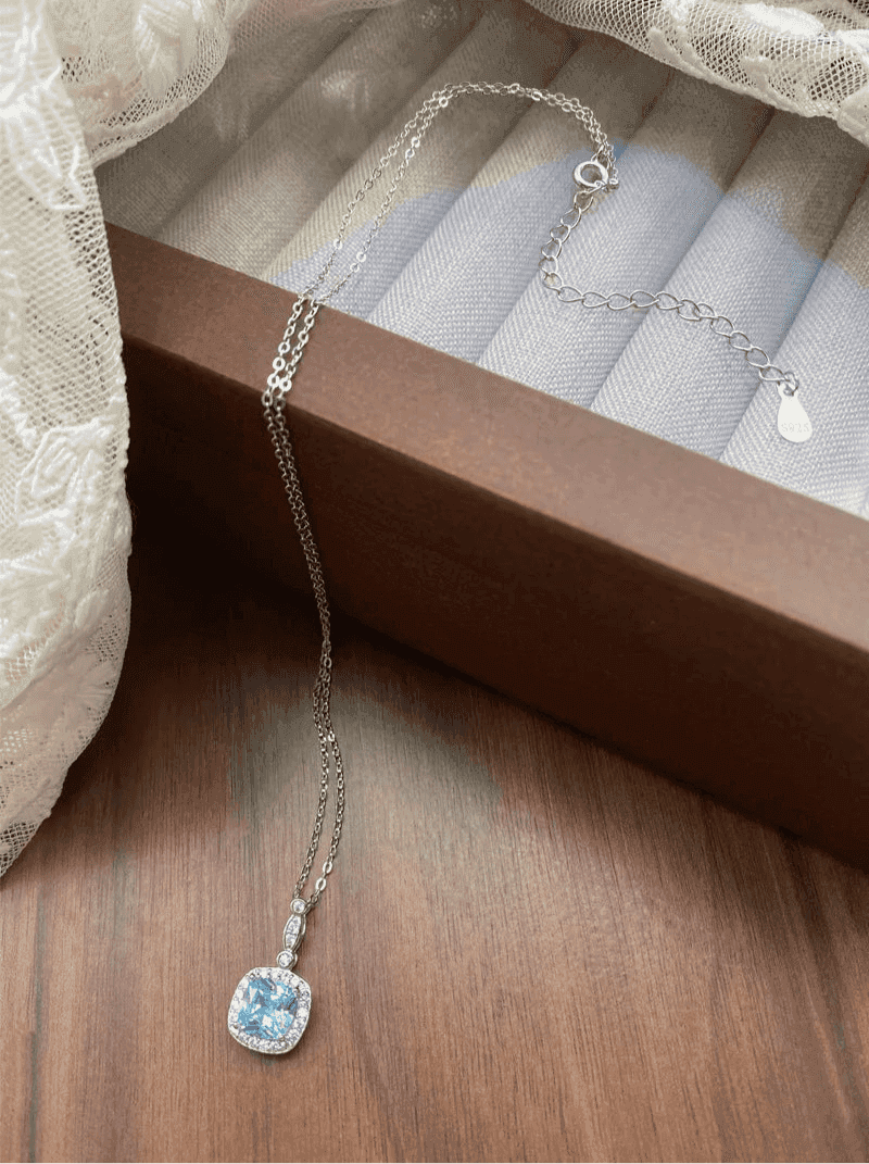 925 Sterling Silver Necklace Charm Jewelry - Mint Mambo Square Zircon - Xm384-N - Touchy Style