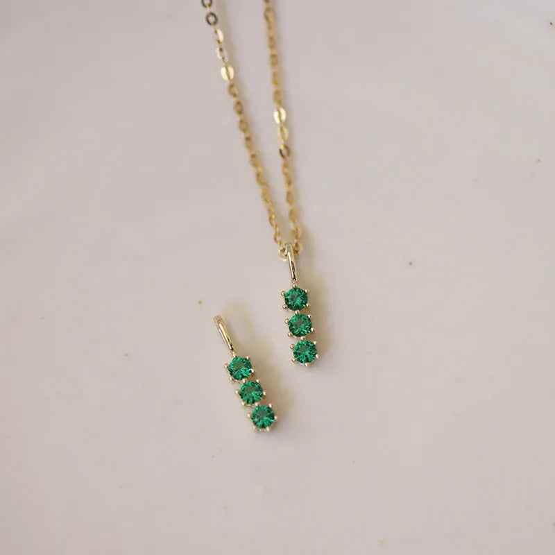 925 Sterling Silver Necklace Charm Jewelry - Retro Green Three Zircon - xl734 - Touchy Style