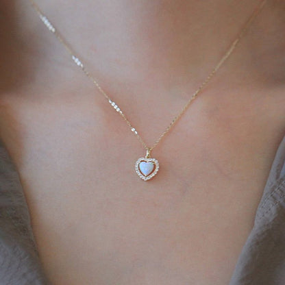 925 Sterling Silver Opal Zircon Heart Choker Necklace Charm Jewelry AZ252