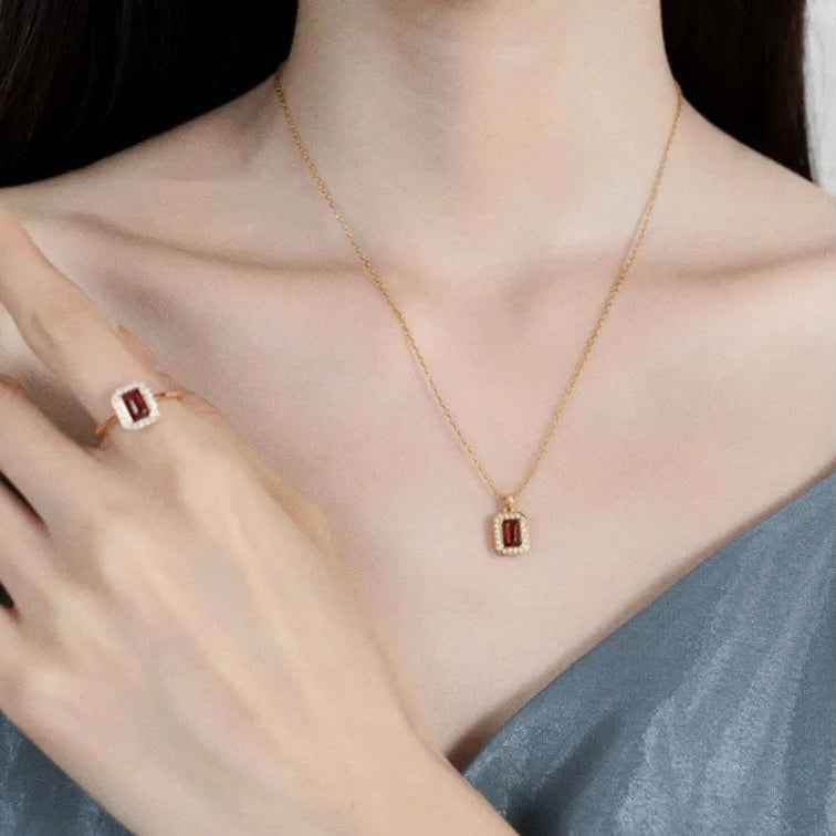 925 Sterling Silver Pendant Necklace Charm Jewelry - Rectangle Red Agate Stone - Xm272-N - Touchy Style