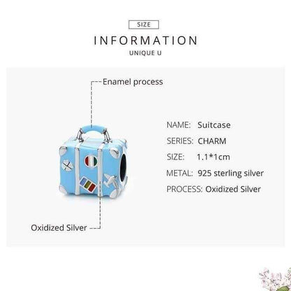 925 Sterling Silver Pendent Charm Jewelry Blue Suitcase 