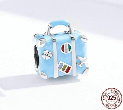 925 Sterling Silver Pendent Charm Jewelry Blue Suitcase 