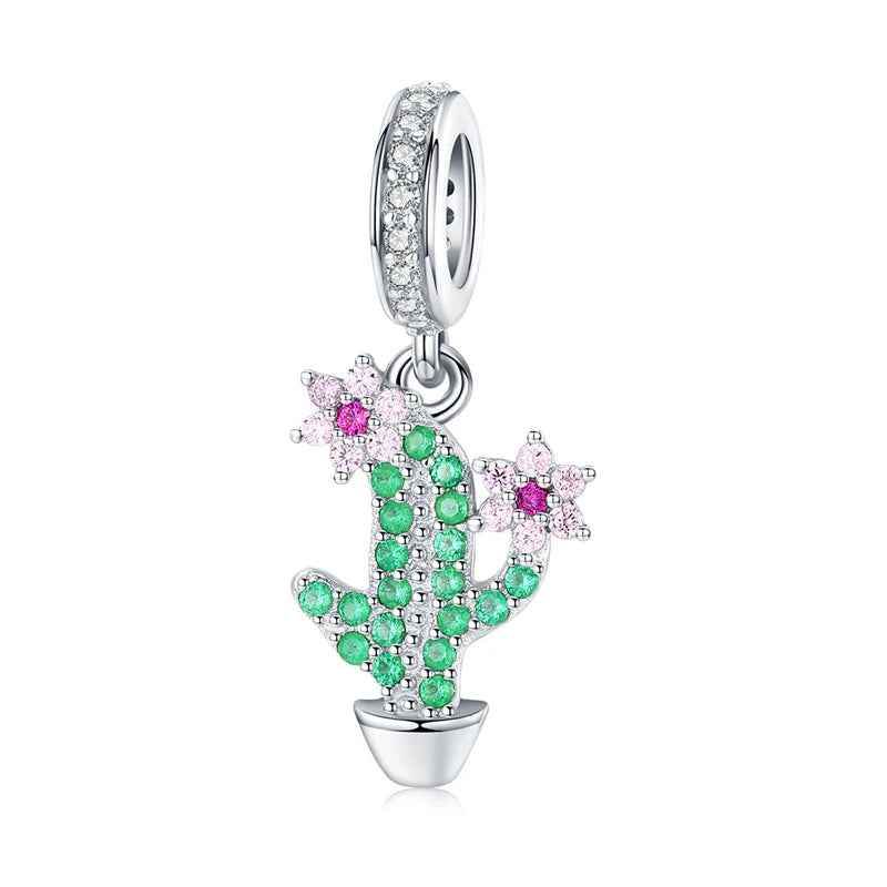 925 Sterling Silver Pendent Charm Jewelry Crystal Cactus 